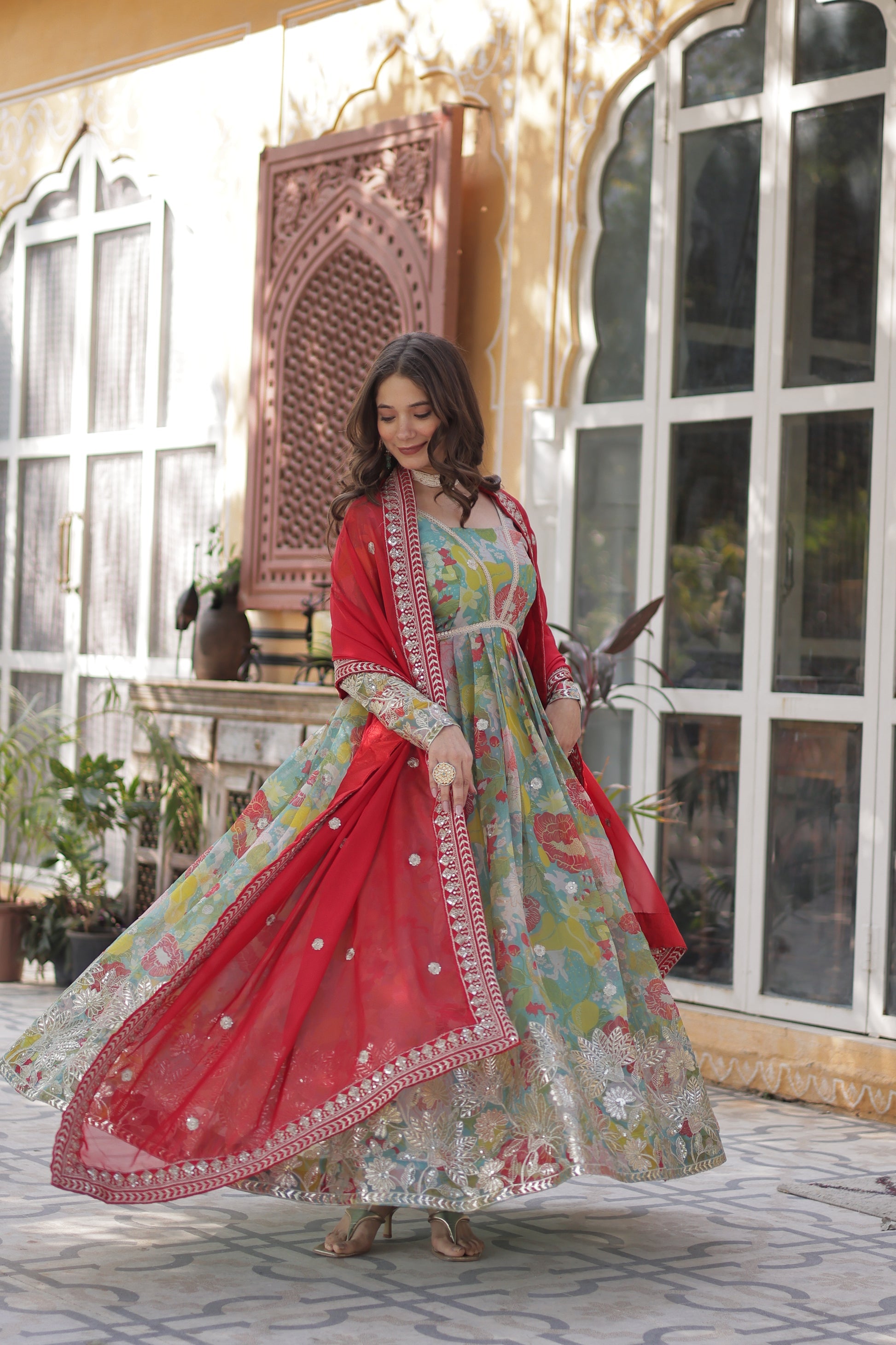 Green silk Anarkali gown set for women with dupatta, digital printed Russian silk gown with zari, sequins, and foil embroidery, full sleeve Alia cut gown, elegant festive outfit for weddings, Diwali, Karwa Chauth, and Eid, stitched ethnic party wear gown with lace border dupatta, designer traditional gown for women